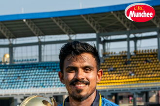 Maheesh Theekshana holds the trophy